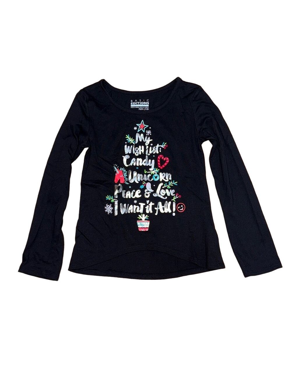 Basic Editions Girls Medium Christmas Tree Unicorn Graphic Long Sleeve Tee